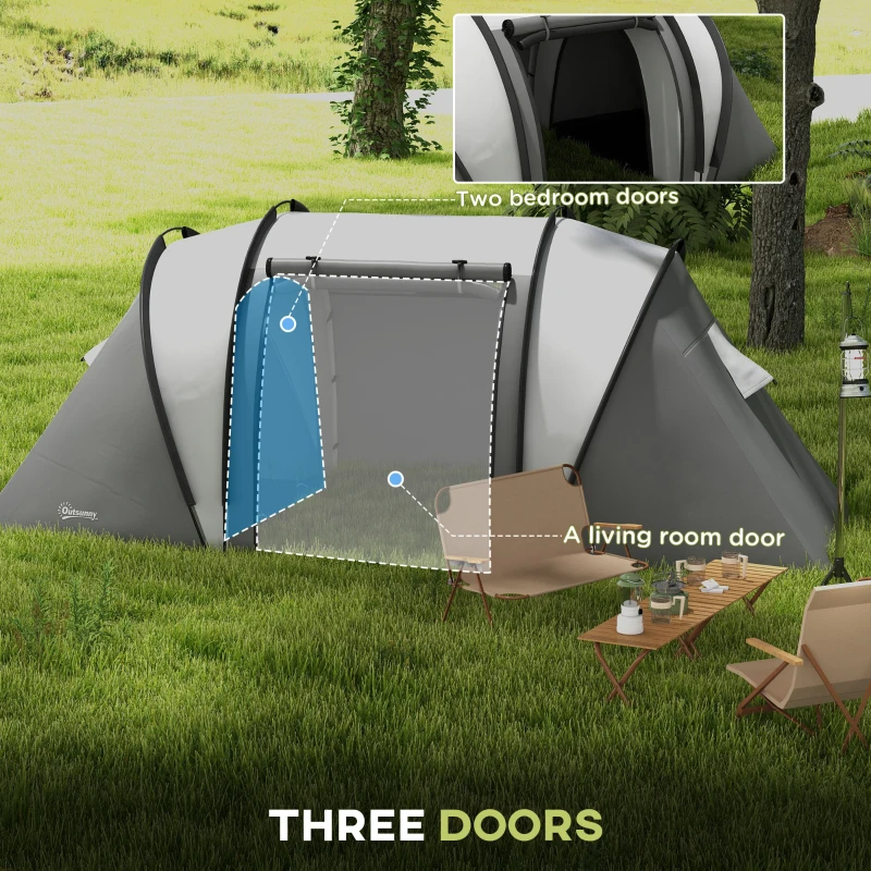 Outsunny Camping Tent with 2 Bedrooms and Living Area, 3000mm Waterproof Family Tent, for Fishing Hiking Festival, Grey