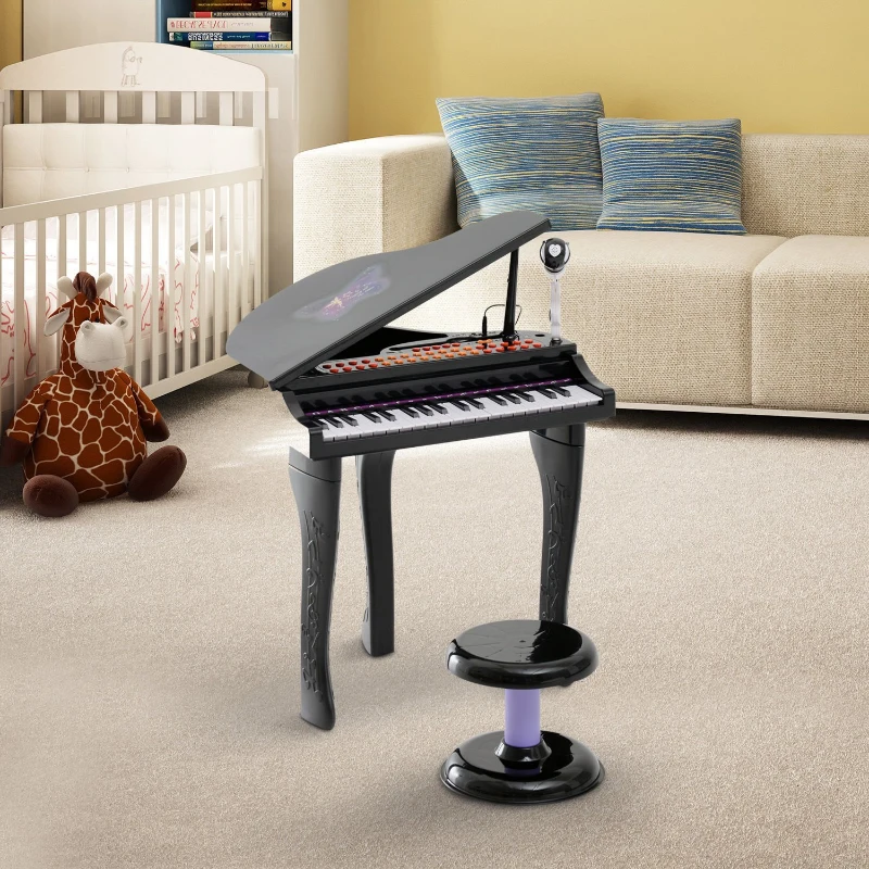 Qaba Mini Electronic Musical Piano 37 Key Keyboard Multifunction Kids Toy with Microphone Stool (Black)
