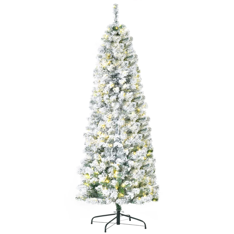 HOMCOM 6ft Prelit Artificial Pencil Christmas Tree, Snow Flocked Slim Xmas Tree with Warm White LED Lights - Green