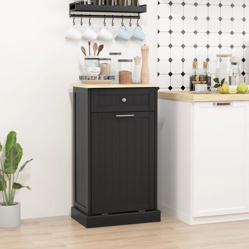HOMCOM 10 Gallon Tilt Out Trash Cabinet, Wooden Hidden Trash Can with Storage Drawer for Kitchen, Laundry Hamper Cabinet for Bathroom, Black