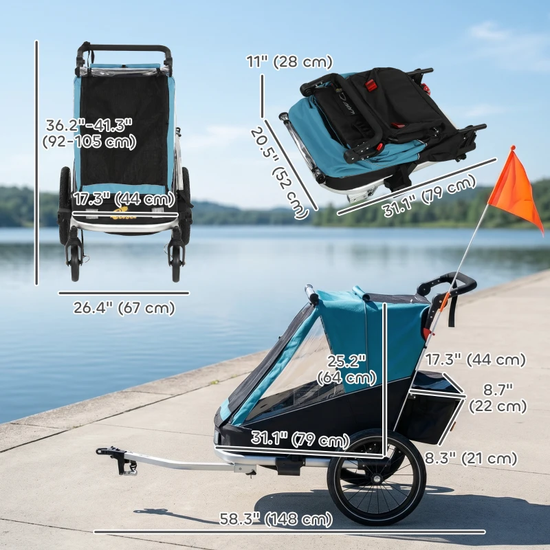 Qaba 3-in-1 Bike Trailer for Kids, Baby Stroller and Jogger, Foldable Child Bicycle Trailer with Reclining Seat, Blue