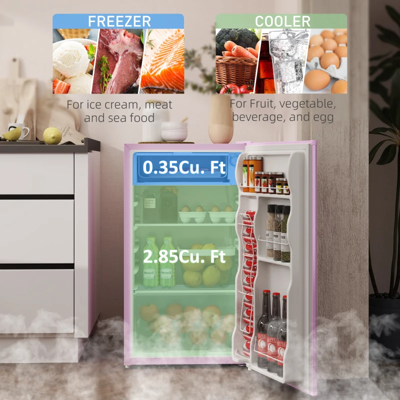 HOMCOM 3.2 Cu.Ft Mini Fridge with Freezer, Single Door Compact Refrigerator with Adjustable Thermostat, Reversible Door, Pink