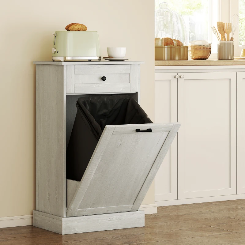 HOMCOM Kitchen Tilt Out Trash Bin Cabinet Free Standing Storage Cabinet with Drawer, Light Gray