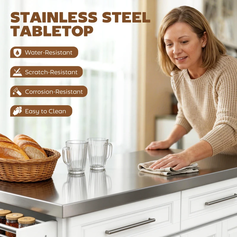 HOMCOM Rolling Kitchen Island with Storage and Stainless Steel Top, Kitchen Trolley with Drawers, Cabinets, Towel Rack