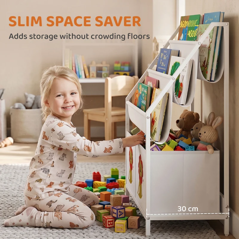 Qaba Kids Bookshelf, 3-Tier Sling Bookshelf with Toy Storage, Montessori Toy Organizer with Non-Woven Drawers for Kids Room