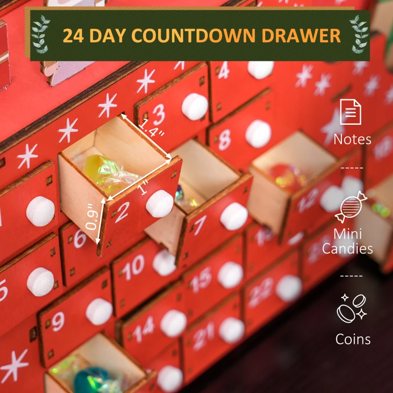 HOMCOM Wooden Christmas Advent Calendar with 24 Countdown Drawers, Reusable Holiday Decor Xmas Gift for Kids Adults, Red