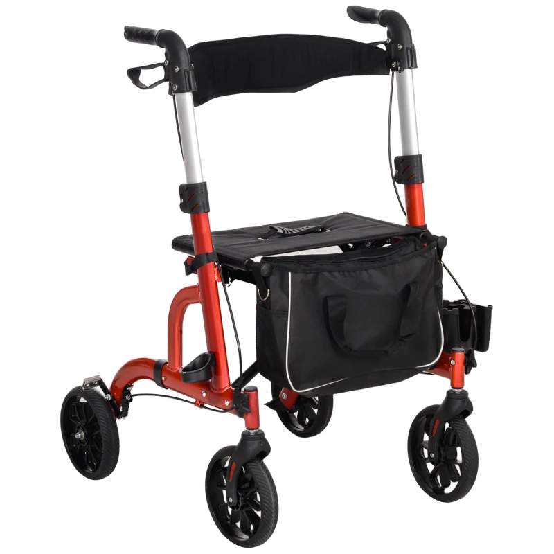 HOMCOM Rollator Walker for Seniors and Adults with 8'' Wheels, Padded Seat and Backrest,  Storage Bag Red