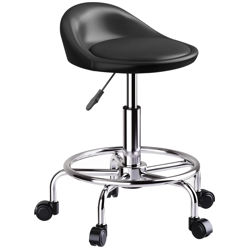 HOMCOM PU Leather Rolling Stool, Height Adjustable Swivel Salon Chair with Backrest and Foot Rest for Spa, Tattoo, Black