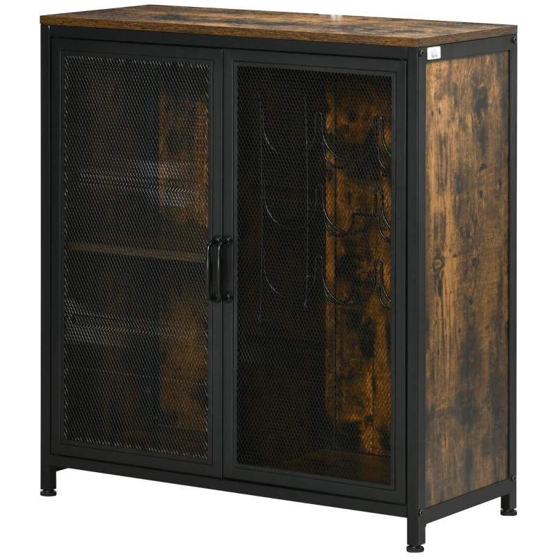 HOMCOM Industrial Wine Cabinet with 9 Bottle Wine Rack, Retro Liquor Cabinet with Glass Holders, Mesh Doors, and Storage Shelf for Home Bar, Dining Room, Rustic Brown
