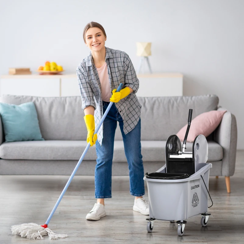 HOMCOM 9.5 Gallon (38 Quart) Mop Bucket with Wringer Cleaning Cart, 4 Moving Wheels, Mop-Handle Holder & 2 Separate Buckets, Gray