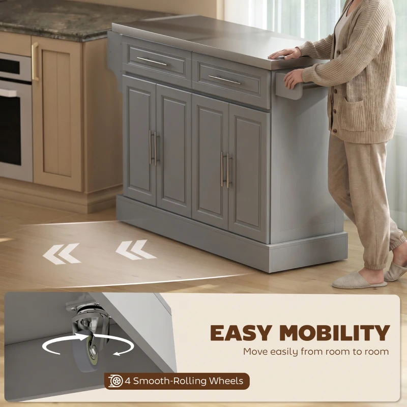 HOMCOM Rolling Kitchen Island Cart with 47" Stainless Steel Top, Portable Island Table for Kitchen with Wheels, Adjustable Shelves, 2 Drawers, Spice, Knife and Towel Rack, Gray