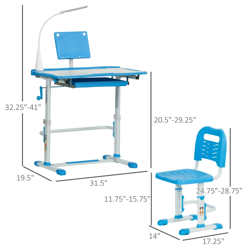 Qaba Kids Desk and Chair Set, Height Adjustable School Study Table and Chair, Student Writing Desk with Tilt Desktop, LED Light, Pen Box, Drawer, Reading Board, Cup Holder, and Pen Slots, Blue