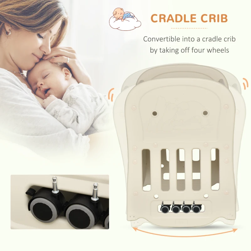 Qaba Convertible Baby Crib Bassinet Cradle with Adjustable Height, 4 Detachable Lockable Wheels, Mattress, White
