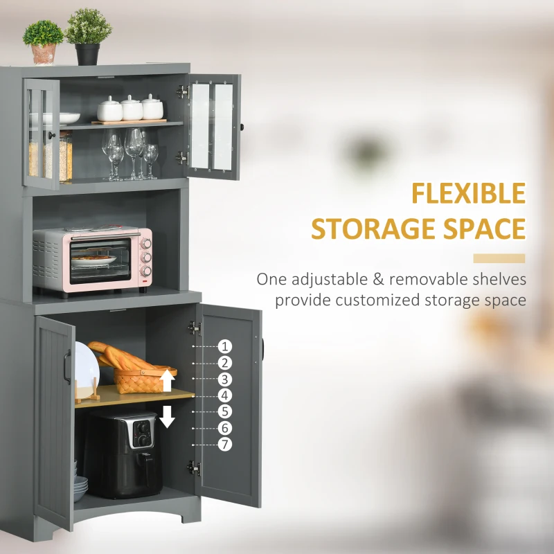 HOMCOM Storage Cabinet with Adjustable Shelves and Microwave Space, 70" Pantry Cabinet with Glass Framed Door, Gray