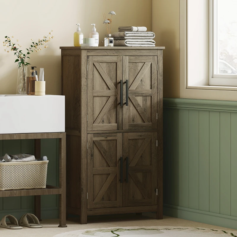 HOMCOM Bathroom Floor Storage Cabinet, Farmhouse Bathroom Cabinet with 4 Doors and Adjustable Shelf, Brown