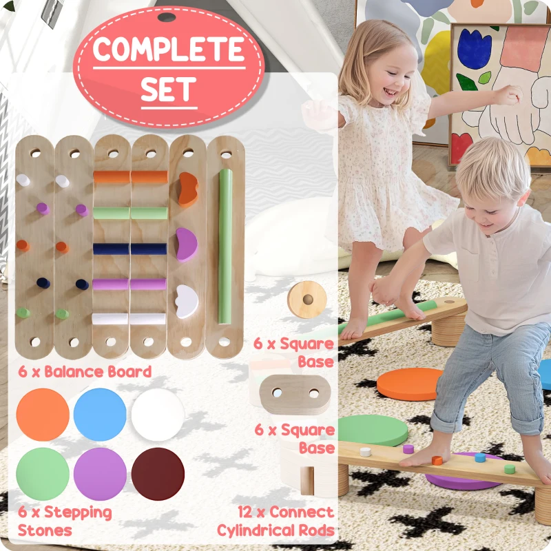 Qaba Kids Balance Beam, Wooden Balance Board with Stepping Stone for 3-8 Years