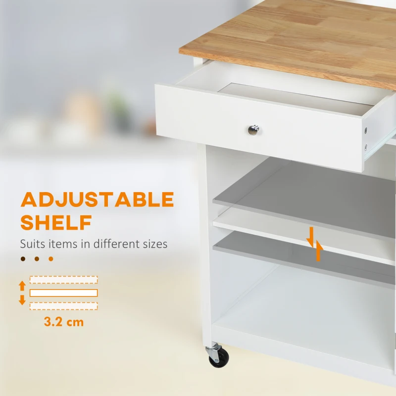 HOMCOM Rolling Kitchen Cart with Drawer and Glass Door Cabinet, Kitchen Island on Wheels with Towel Rack, White