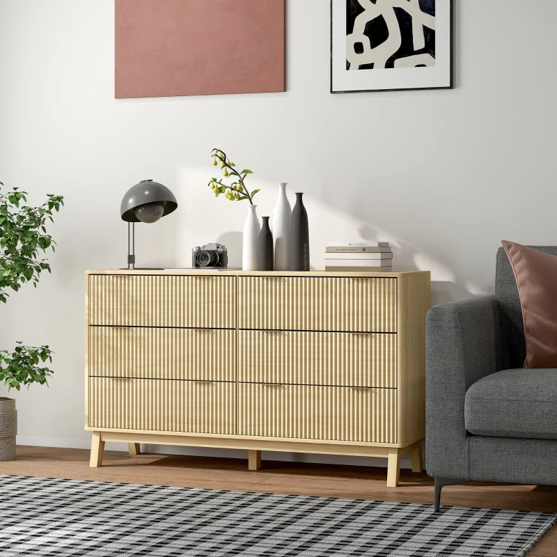 HOMCOM 6 Drawer Double Dresser for Bedroom, Fluted Chest of Drawers with Gold Finger Pulls and 5 Wood Legs, Natural Wood