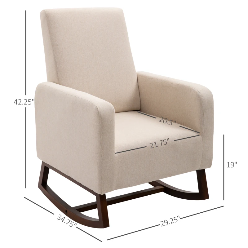 HOMCOM Accent Lounge Rocking Chair with Solid Curved Wood Base and Linen Padded Seat, Cream White