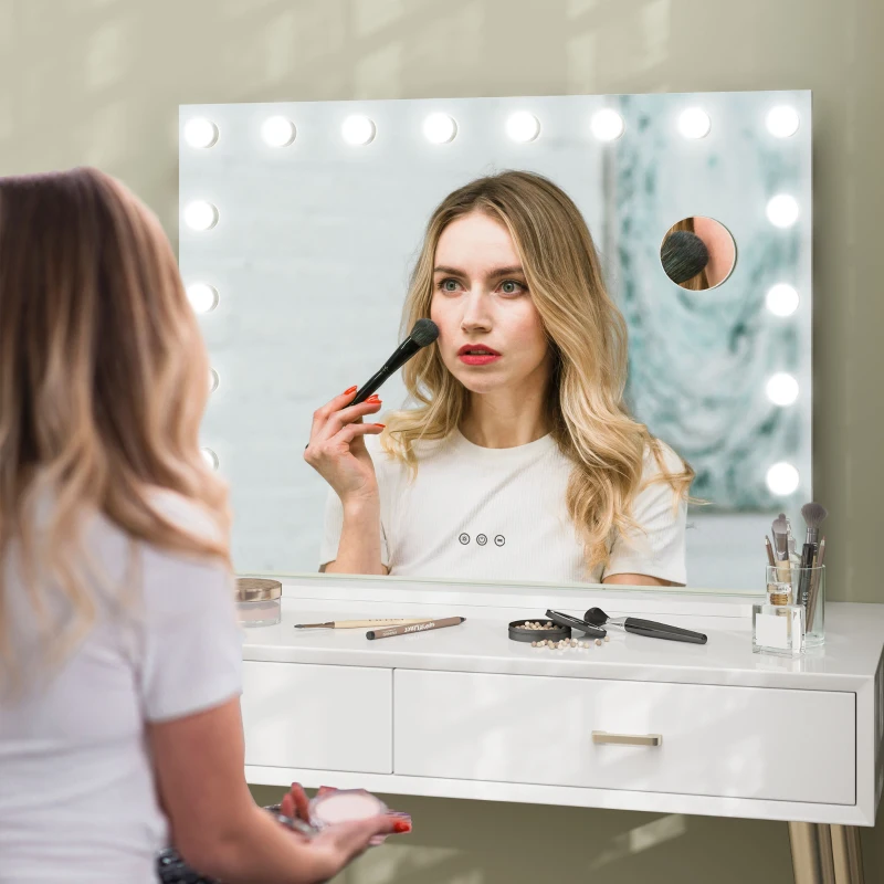 HOMCOM Hollywood Vanity Mirror with Lights, 31.5" x 24.4" Lighted Makeup Mirror with 3 Colour, 10X Magnifying, USB Port, White