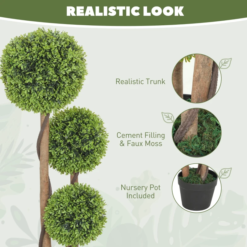 HOMCOM 35 Inch 2 Pack Potted Fake Plant, Artificial Boxwood Topiary Trees, Triple Ball Tree for Indoor and Outdoor, Light Green