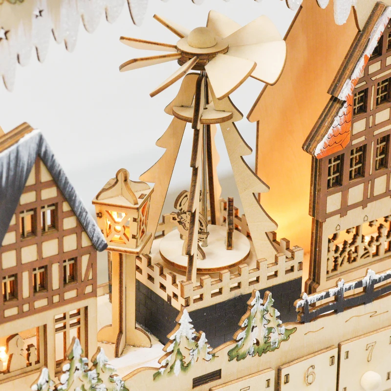 HOMCOM Wooden Christmas Advent Calendar with 24 Fillable Countdown Drawers and LED Lights, Battery Operated