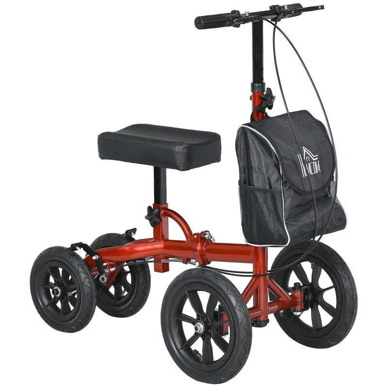 HOMCOM Adjustable Steerable Knee Walker, Foldable Knee Scooter with Rubber Wheels, Dual Brake, Crutch Alternative, Red