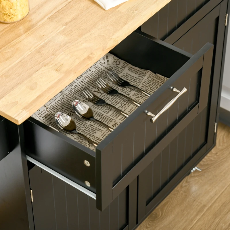 HOMCOM 41" Modern Rolling Kitchen Island on Wheels, Utility Cart Storage Trolley with Rubberwood Top & Drawers, Black