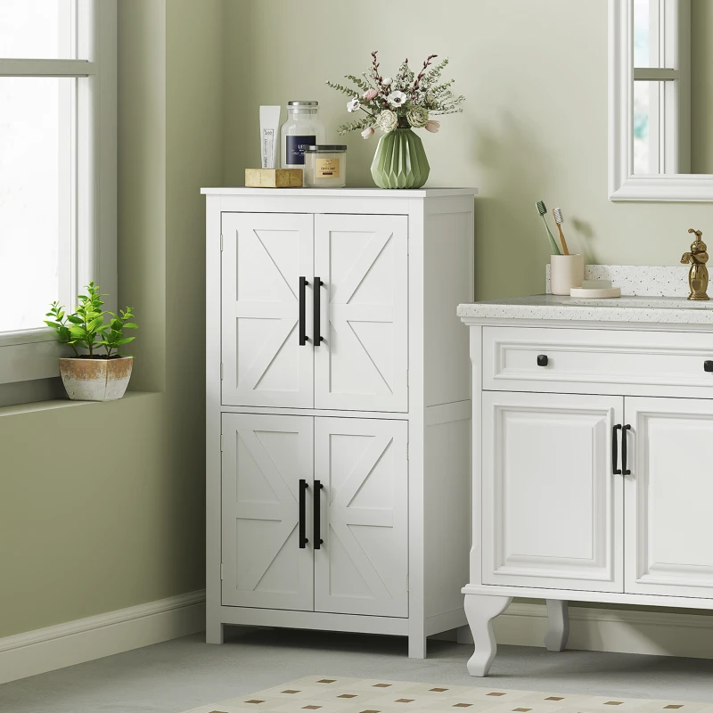 HOMCOM Bathroom Floor Storage Cabinet, Farmhouse Bathroom Cabinet with 4 Doors and Adjustable Shelf, White