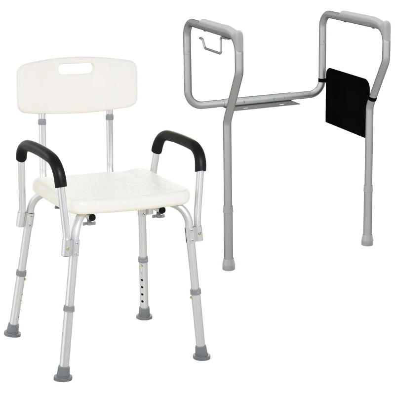 HOMCOM Shower Chair and Toilet Safety Rail Set, Height Adjustable Bath Chair, Width and Height Adjustable Toilet Rail for Seniors, Assist Grab Bar, Easy Installation