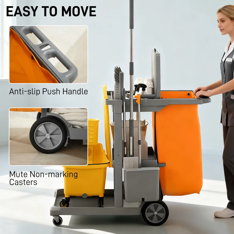 HOMCOM Commercial Janitorial Cart with 3 Tier Shelves, Cleaning Cart with Rubbish Bag and Mop Mount for Hotel Restaurant, Grey