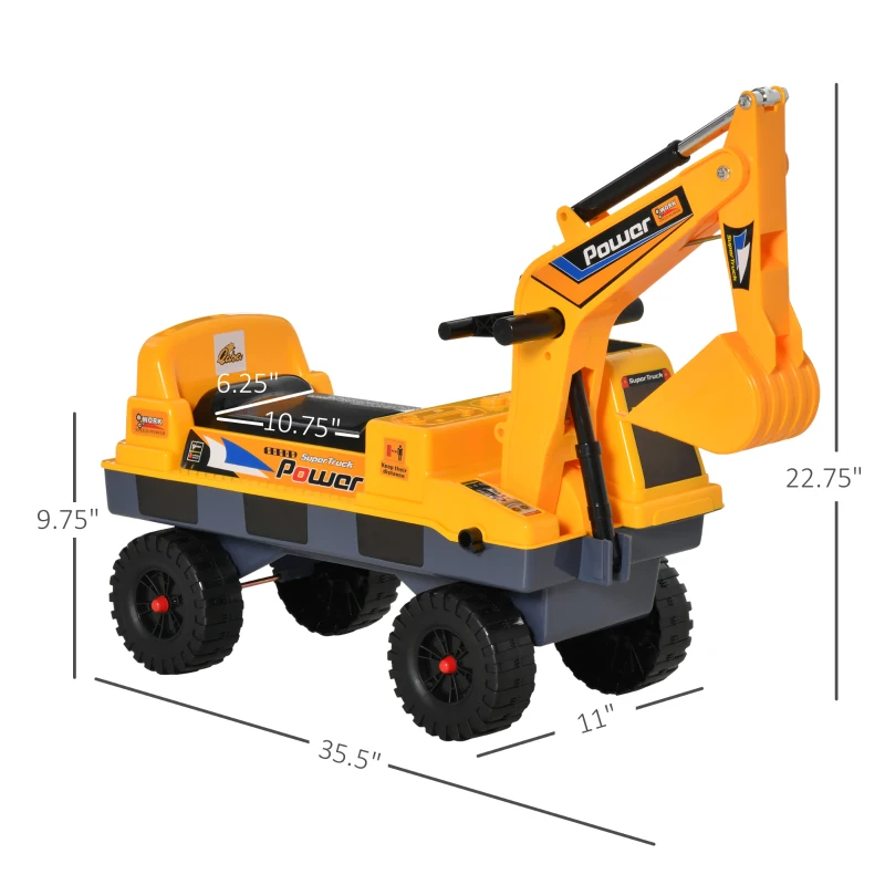 Qaba No Power 2 in 1 Ride On Excavator with Helmet and Claw, Construction Truck Set, Multi-Functional Digger with Storage, Light and Music, Yellow