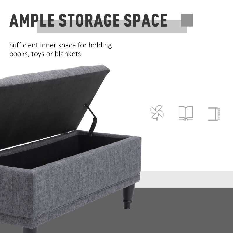 HOMCOM Storage Ottoman, Linen Fabric Button Tufted Storage Bench with Soft Close Lid for Living Room, Entryway or Bedroom, Dark Heather Grey