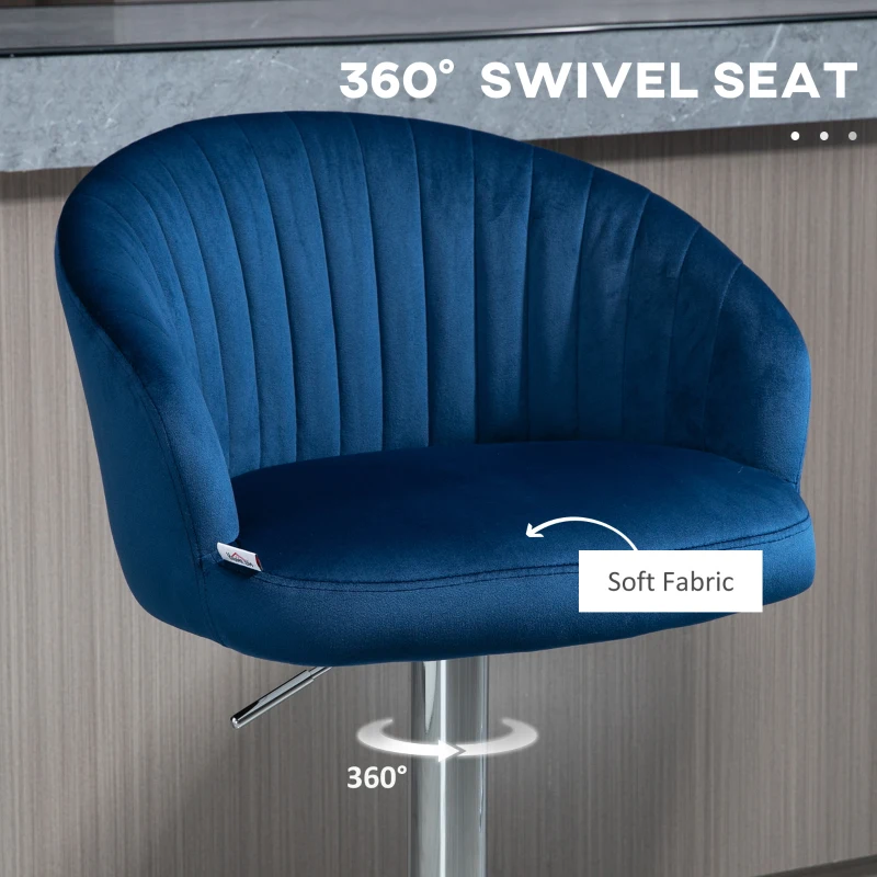 HOMCOM Modern Upholstered Adjustable Barstools with Swivel Seat, Velvet Touch Fabric, Steel Frame, Footrest, ‎Blue