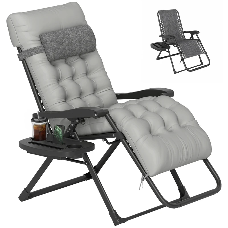 Outsunny Padded Folding Recliner Chair, Patio Lounger with Cupholder, Adjustable Backrest, Removable Cushion, Grey