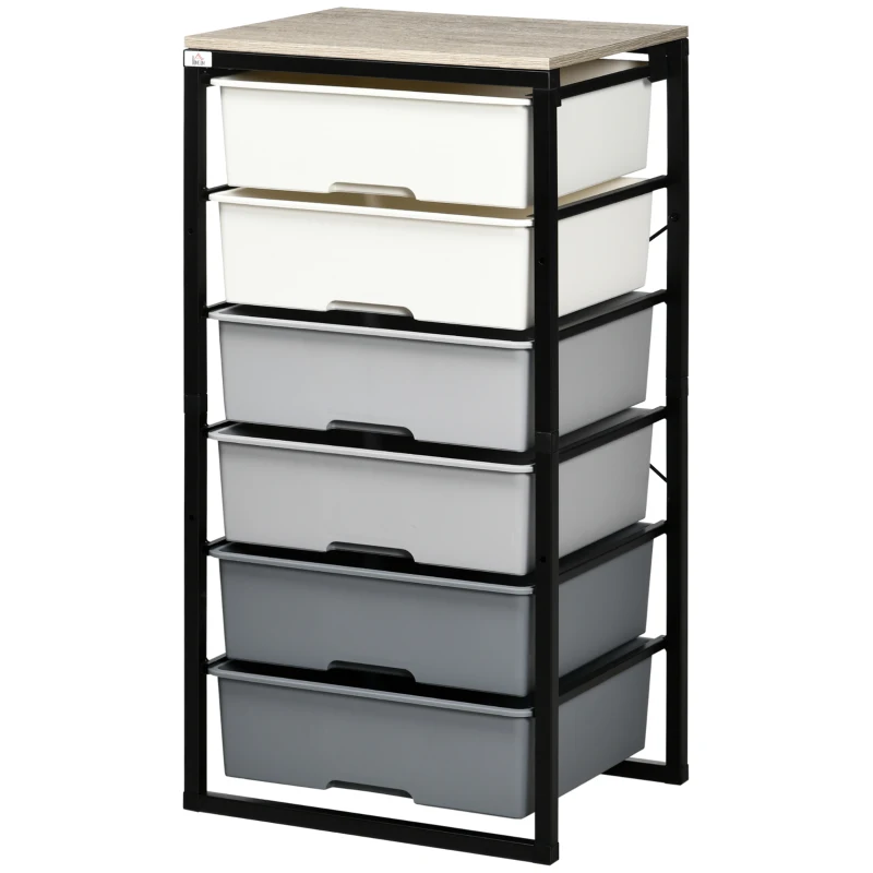 HOMCOM Dresser Storage Drawers with 6 Plastic Bins and Steel Frame, Crafting Bins for Living Room, Bedroom, Gray