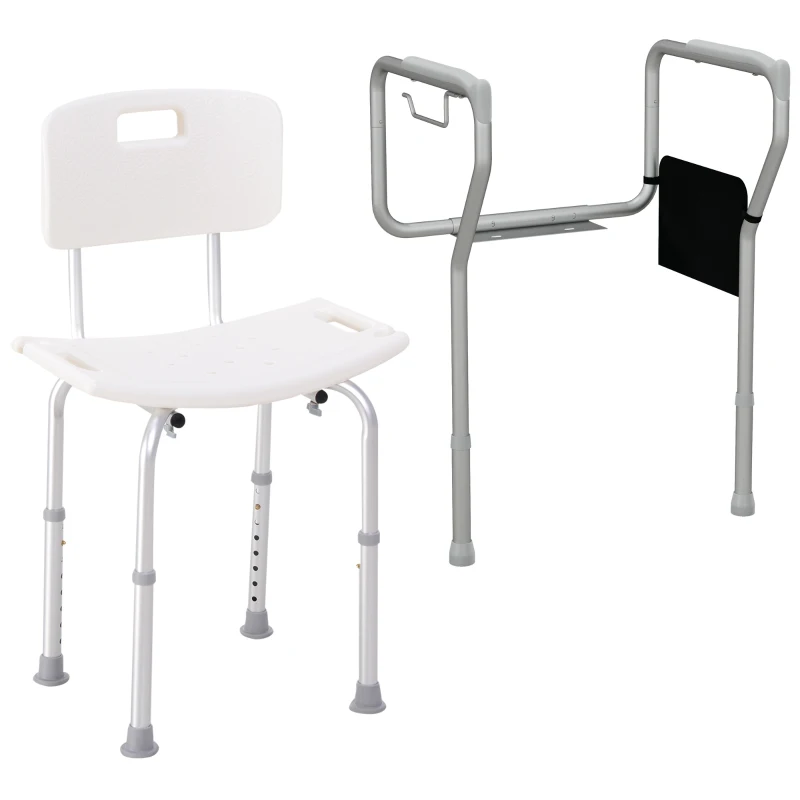 HOMCOM Shower Chair and Toilet Safety Rail Set, Height Adjustable Bath Chair, Width and Height Adjustable Toilet Rail, Assist Grab Bar for Seniors, Easy Installation