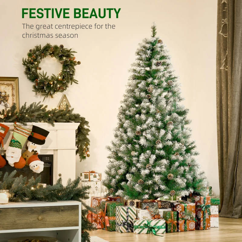 HOMCOM 6ft Unlit Snow-Dusted Full Fir Artificial Christmas Tree with Realistic Branches, 61 Pine Cones and 800 Tips