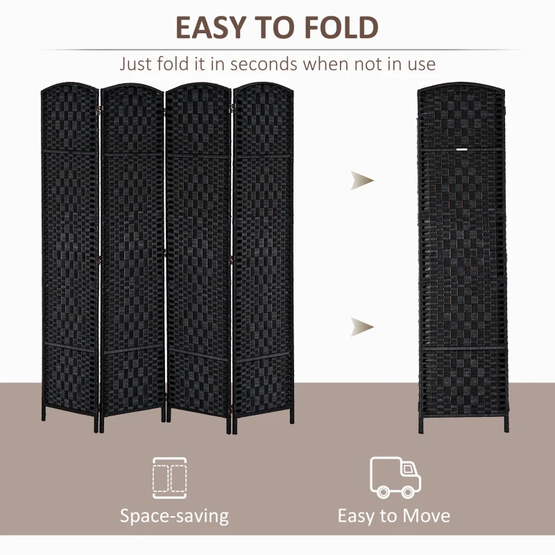 HOMCOM Room Divider 4 Panel, 6FT Tall Folding Privacy Screen, Freestanding Hand-Woven Partition for Room Separation with 360° Hinges, Paper Rope Diamond Weave, Black