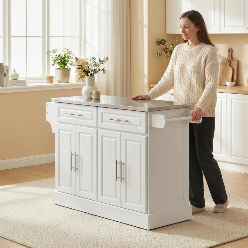 HOMCOM Rolling Kitchen Island with Storage and Stainless Steel Top, Kitchen Trolley with Drawers, Cabinets, Towel Rack