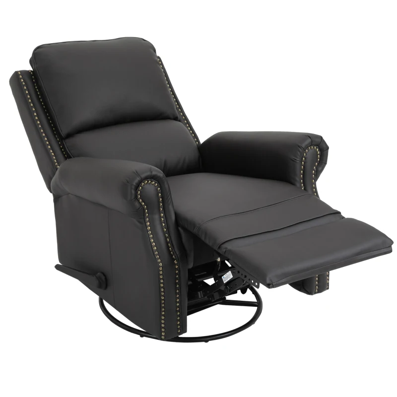 HOMCOM Manual Recliner Chair PU Leather Office Home Theater Single Sofa with Arm, Footrest, Nailhead Trim Padded Seat, 360° Swivel and Rocking Function for Living Room Bedroom Brown