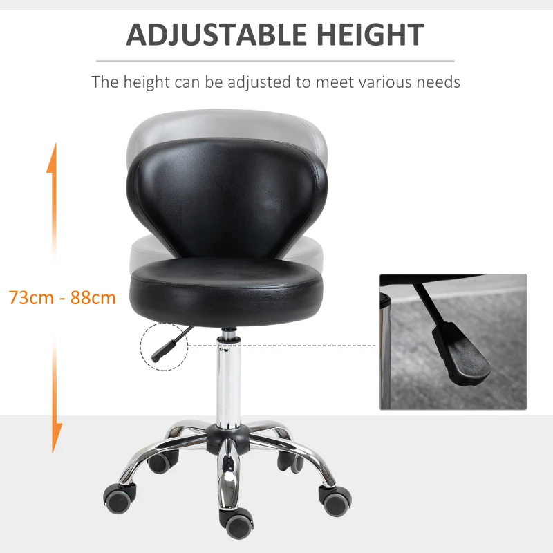 HOMCOM Adjustable Swivel Salon Stool with Backrest and Wheels, Office & Living Room Chair, Synthetic Leather, Black
