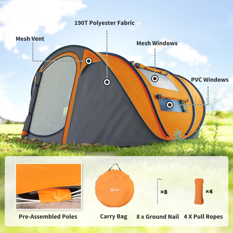 Outsunny 4 Person Camping Tent, Easy Pop Up Tent with Doors, Windows and Carry Bag, Automatic Setup Tent for Hiking, Orange