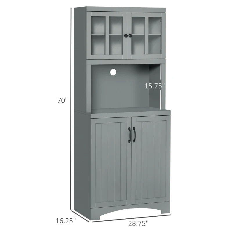 HOMCOM Storage Cabinet with Adjustable Shelves and Microwave Space, 70" Pantry Cabinet with Glass Framed Door, Gray