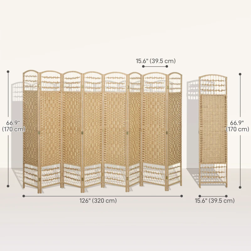 HOMCOM 8 Panel Folding Room Divider, Portable Privacy Screen, Wave Fiber Room Partition for Home Office, Natural