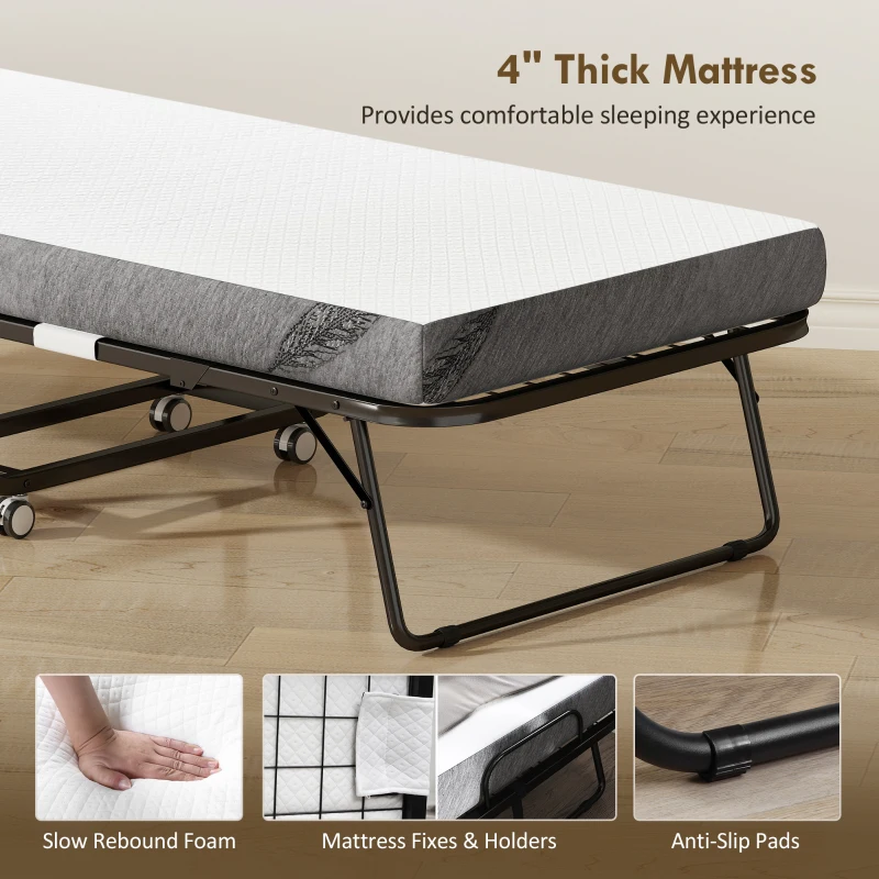 HOMCOM Folding Bed with Mattress for Adults, Single Size, Portable Foldable Bed with Super Strong Steel Frame, 78.75" x 31.5", Fold Up, Roll Away & Hideaway, White