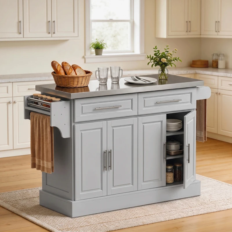 HOMCOM Rolling Kitchen Island Cart with 47" Stainless Steel Top, Portable Island Table for Kitchen with Wheels, Adjustable Shelves, 2 Drawers, Spice, Knife and Towel Rack, Gray