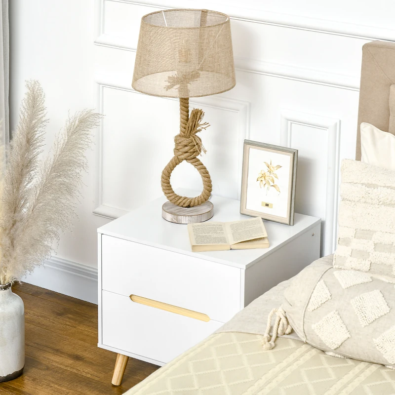 HOMCOM Nightstand, Bedside Table with 2 Drawers, Modern Side End Table with Solid Wood Legs for Bedroom, White