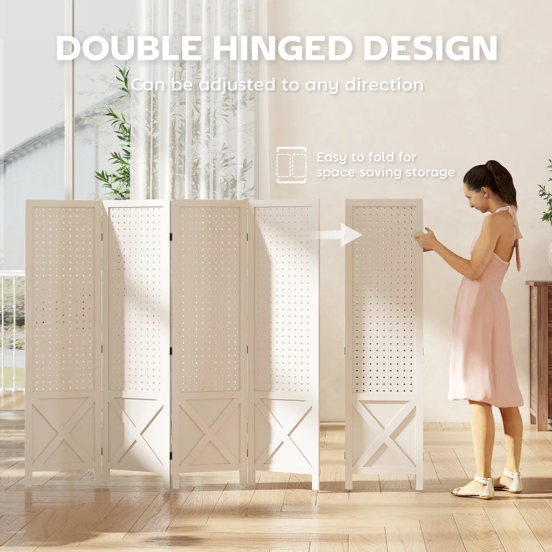 HOMCOM 56.9" 4 Panel Wooden Room Divider with Pegboard Display, Folding Privacy Screen for Home Office, White