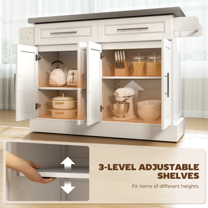 HOMCOM Rolling Kitchen Island with Storage and Stainless Steel Top, Kitchen Trolley with Drawers, Cabinets, Towel Rack